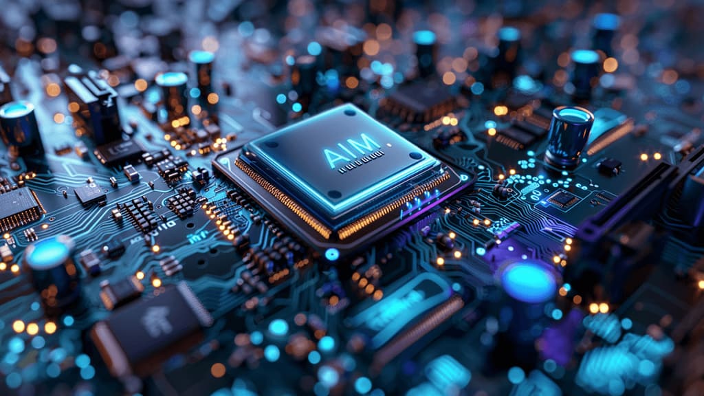 Close up of a circuit board with a glowing processor chip stamped AIM.